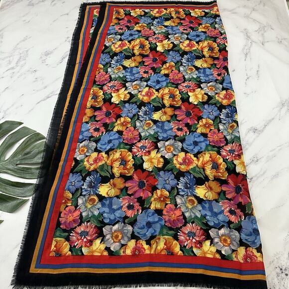 Charter Club Vintage 90s Wool Scarf Black Colorful Floral Large Square - Picture 3 of 4